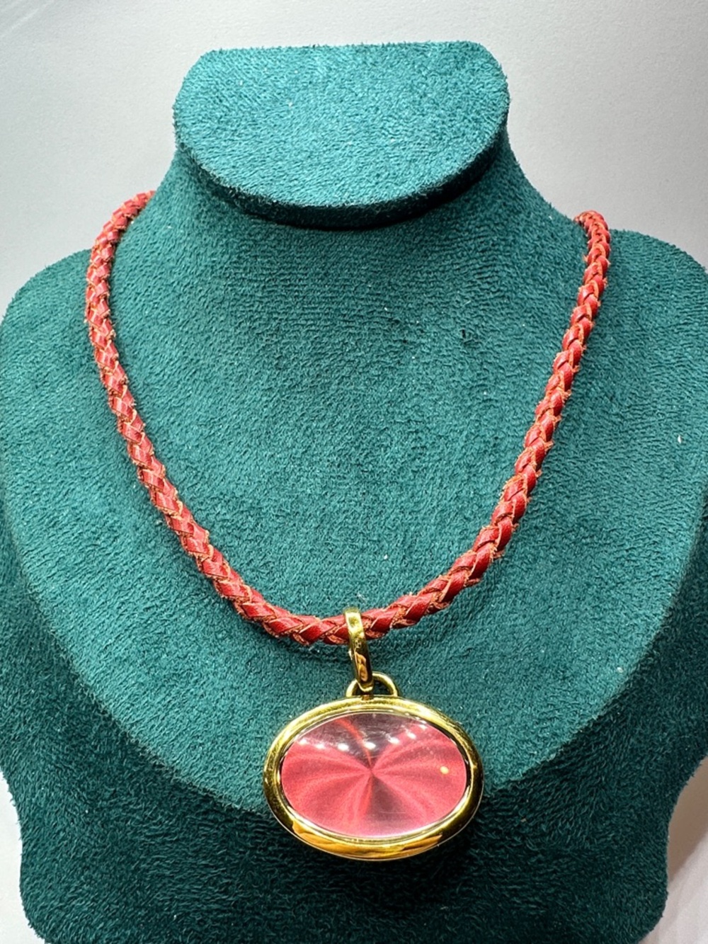 Joan Rivers Red Leather Gold Oval Pendant And Hardware Necklace